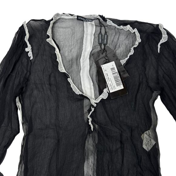Dolce & Gabbana 100% Silk Sheer Ruffle Trim Top Black Size 42 Small New - Picture 6 of 12